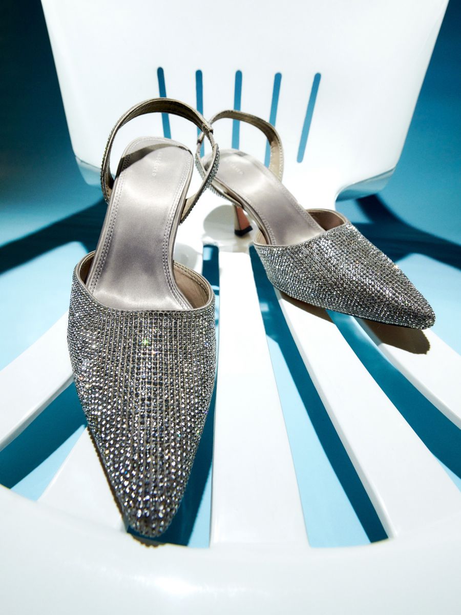 reserved Silver PU crystal effect embellished pumps with pointed toes, sling back and 8cm hell. 
