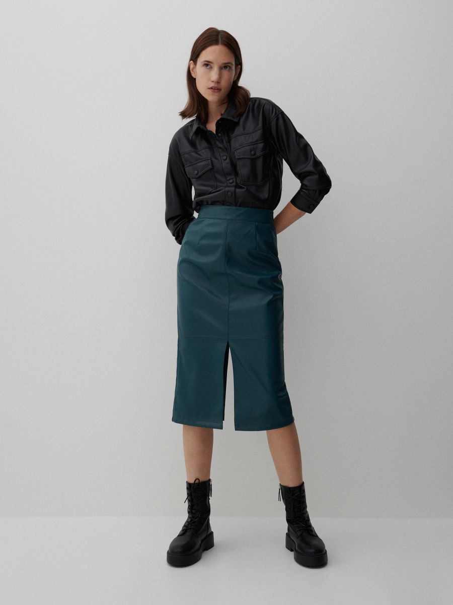 faux leather midi skirt green