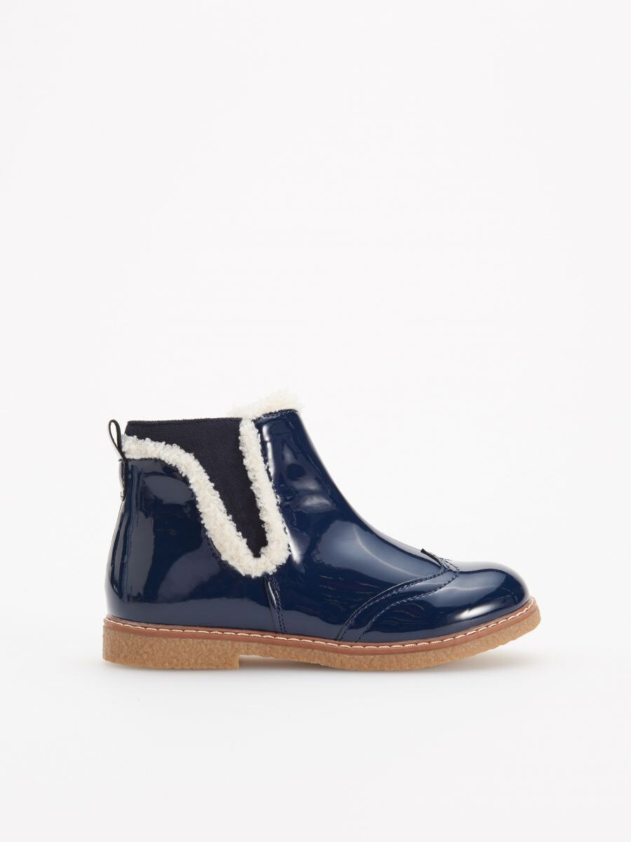 navy patent chelsea boots