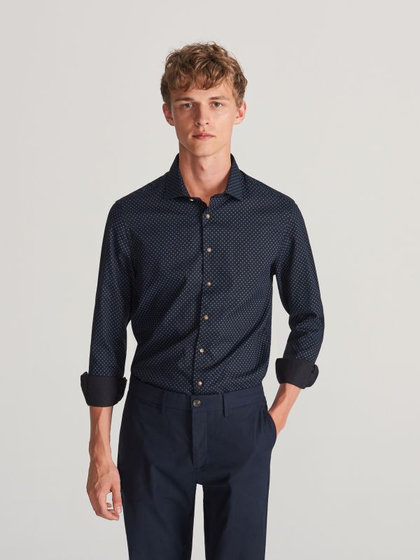 Slim fit shirt with fine print - navy - VX744-59X - RESERVED