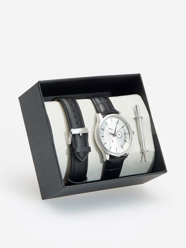 Watch with leather straps - black - WE321-99X - RESERVED