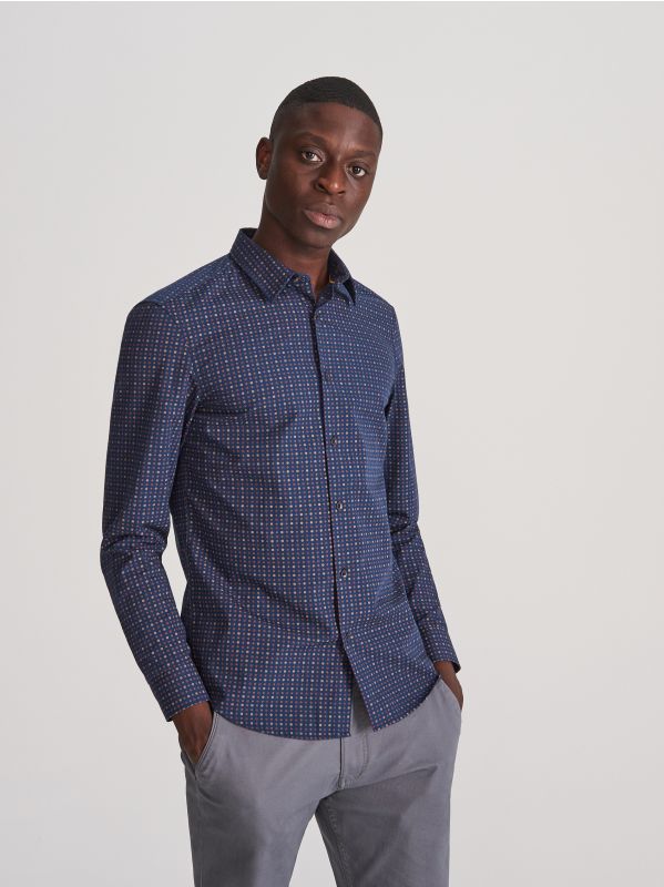 Slim fit shirt with fine print - navy - WK925-59X - RESERVED