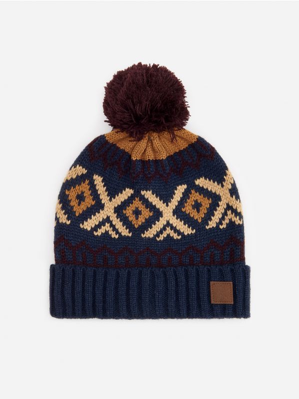 Patterned knit beanie with pompom - yellow - WS980-17X - RESERVED