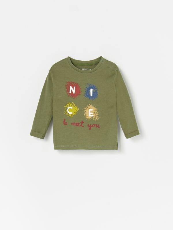 Long sleeve cotton T-shirt with print - green - XB722-96X - RESERVED