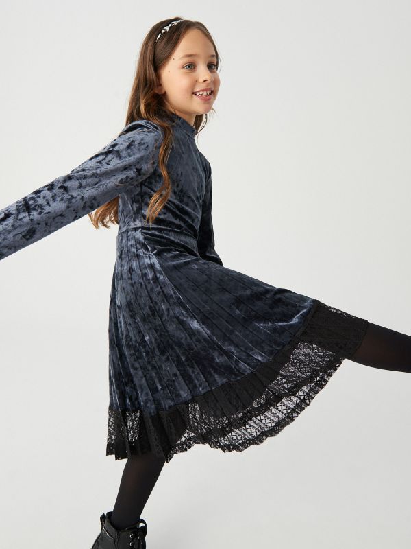 Velour dress with lace - grey - XI763-90X - RESERVED