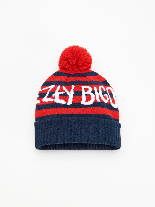 Beanie with pom pom and slogan - navy - XQ956-59X - RESERVED