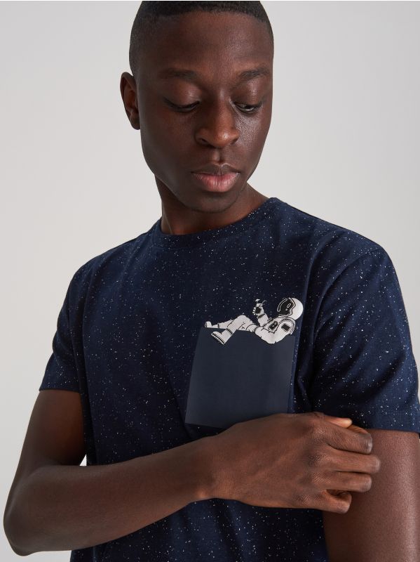 Melange-T-Shirt mit aufdruck - marineblau - XS193-59M - RESERVED