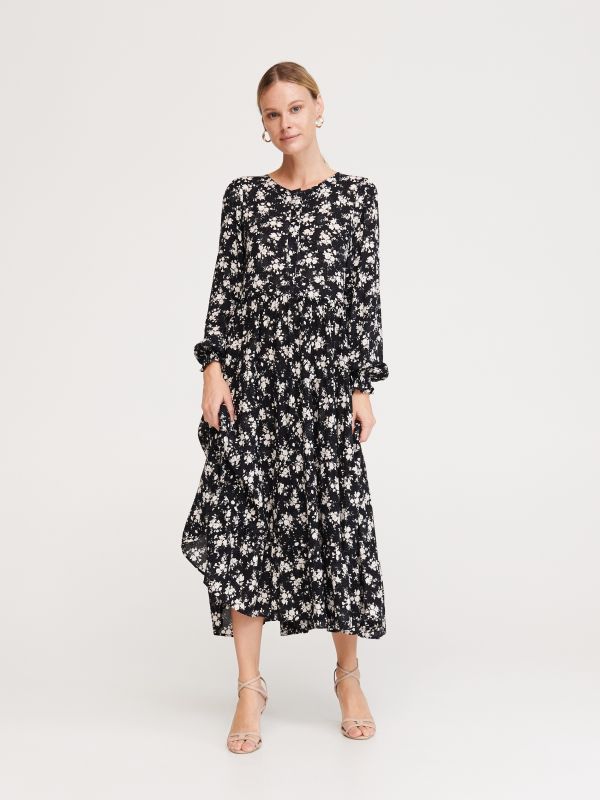 Midi dress with floral micro print - black - YA065-99X - RESERVED