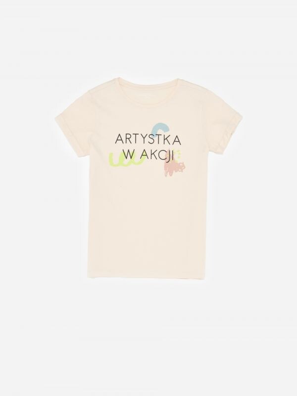 Bawełniany t-shirt z napisem - beżowy - YA863-12X - RESERVED
