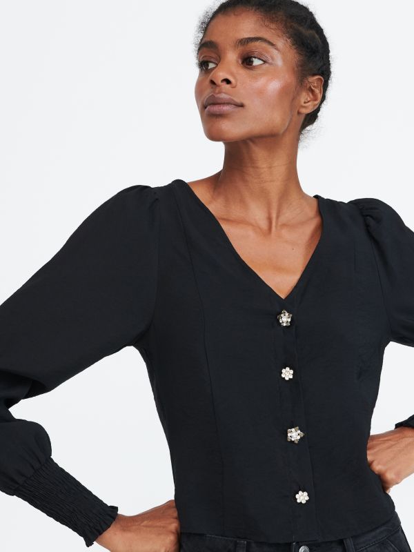 Bluse mit dekorativen Knöpfen - schwarz - YN446-99X - RESERVED