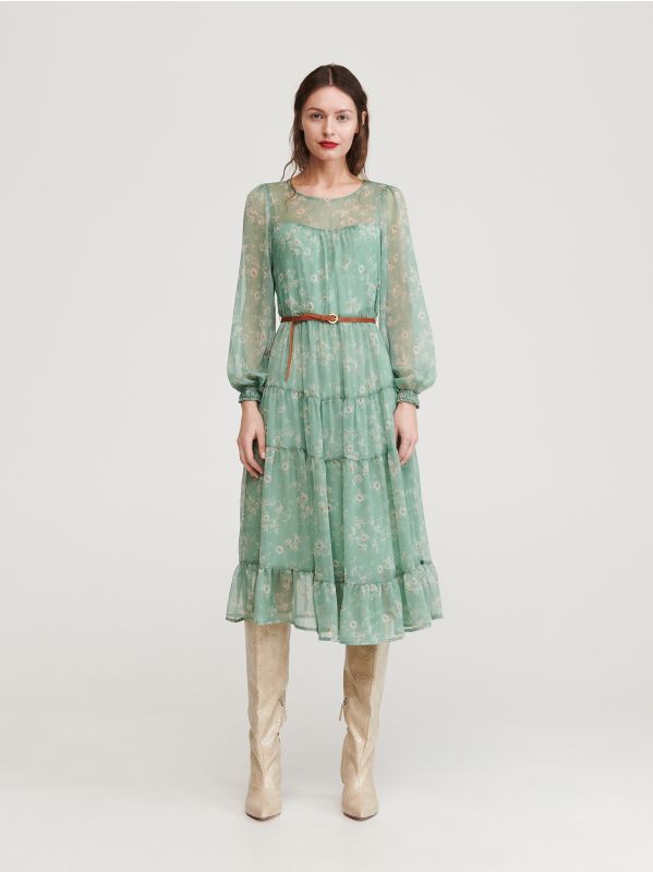 Rochie midi cu curea - verde - ZN155-70X - RESERVED