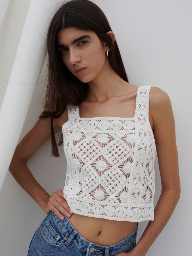 Crop top with openwork pattern - cream - 0712I-01X - RESERVED