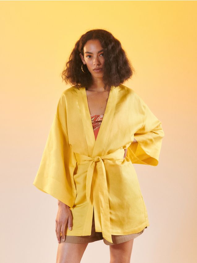 Kimono z lnem - żółty - RESERVED