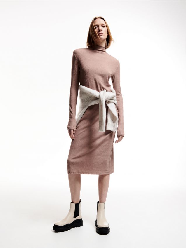 PREMIUM midi dress with stand up collar - brown - 4121L-88X - RESERVED