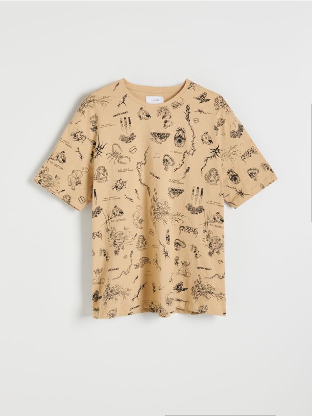 Nyomott mintás oversize póló - krémszínű - RESERVED