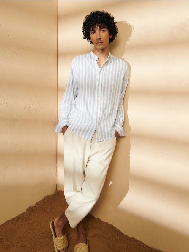 Camicia regular fit in misto lino - Blu - RESERVED