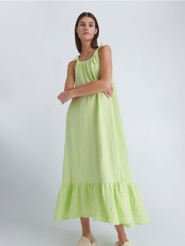 Rochie midi PREMIUM din muselină - verde-gălbui - RESERVED