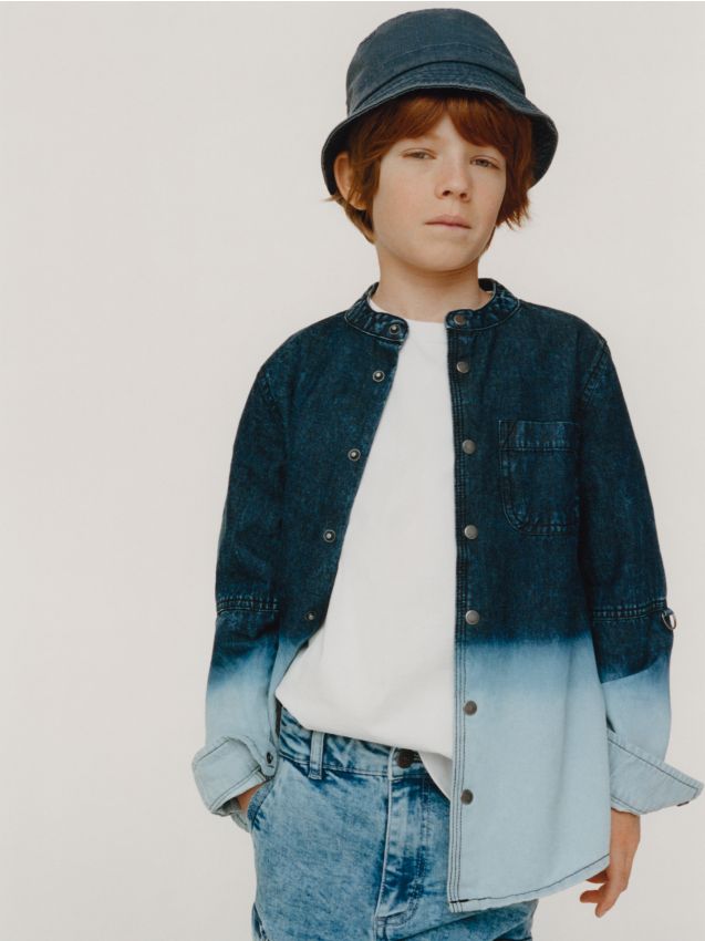 Denim shirt with stand up collar - blue - XE842-50X - RESERVED
