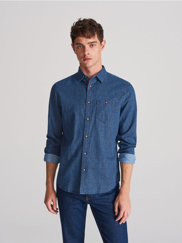 Denim-Hemd mit Mikroprint - marineblau - XJ109-59X - RESERVED