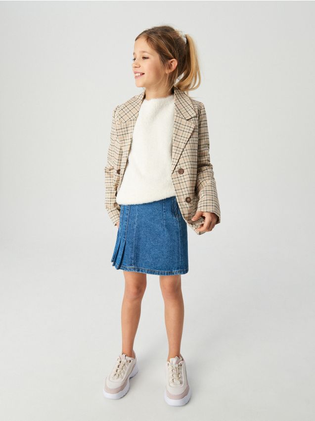 Denim mini skirt with pleats - blue - XM271-50J - RESERVED