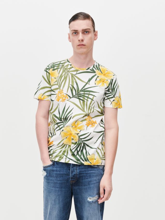 T-shirt z roślinnym nadrukiem - kość słoniowa - XS338-01X - RESERVED
