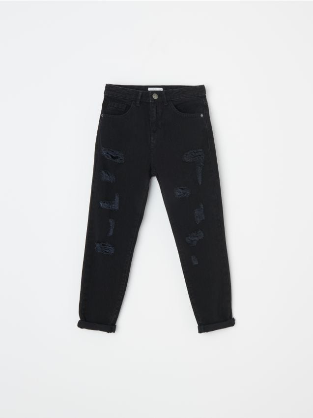 Jeansy boyfriend z przetarciami - czarny - XT015-99J - RESERVED