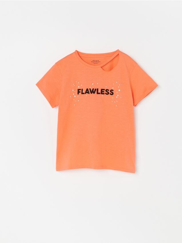 Bawełniany t-shirt z aplikacją - pomarańczowy - XW589-32X - RESERVED