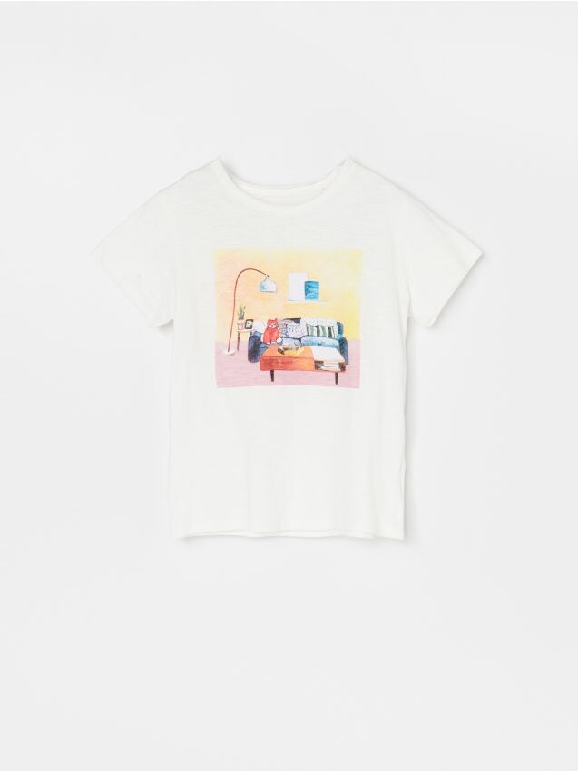 Bawełniany t-shirt z nadrukiem - kość słoniowa - XW594-01X - RESERVED