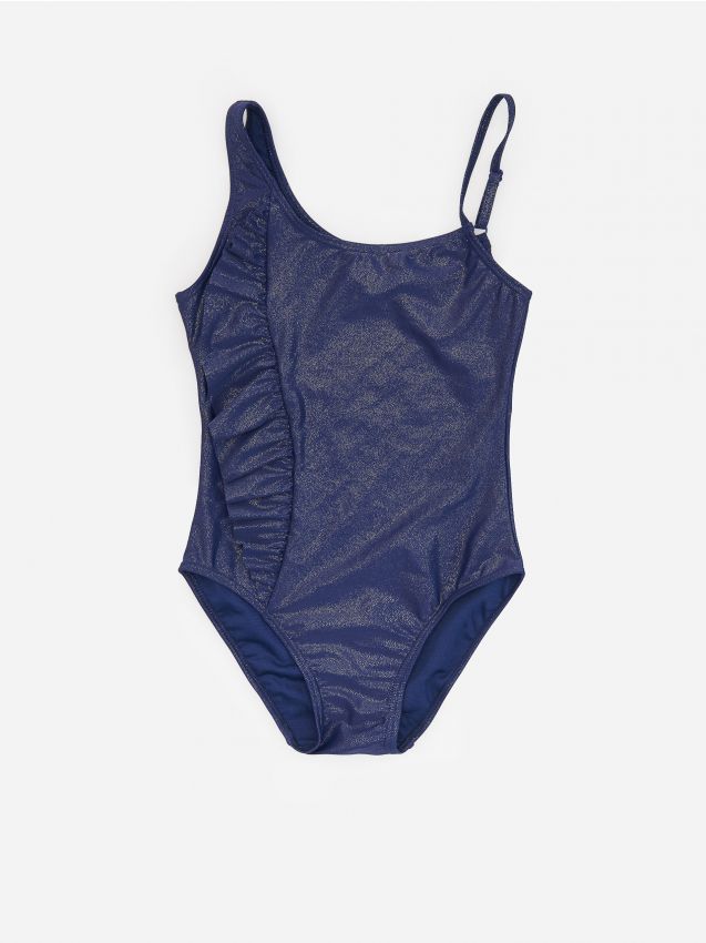 One piece shiny swimsuit with ruffle detail - navy - XZ921-59X - RESERVED