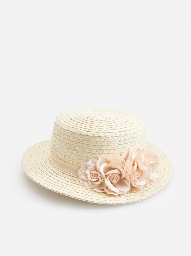 Woven hat with ribbon and floral detailing - beige - YF607-12X - RESERVED