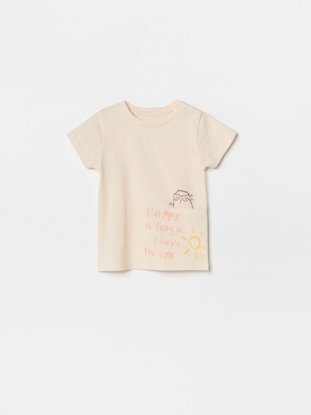 Bawełniany t-shirt z kieszonką - beżowy - YG712-12X - RESERVED