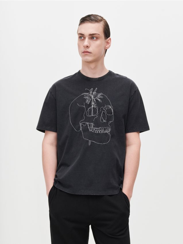 T-shirt z wyszywanym wzorem - czarny - ZO723-99X - RESERVED