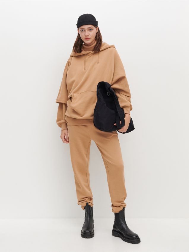 Felpa oversize con cappuccio in cotone biologico a maniche corte - Beige - 4D2F5-BBB - RESERVED